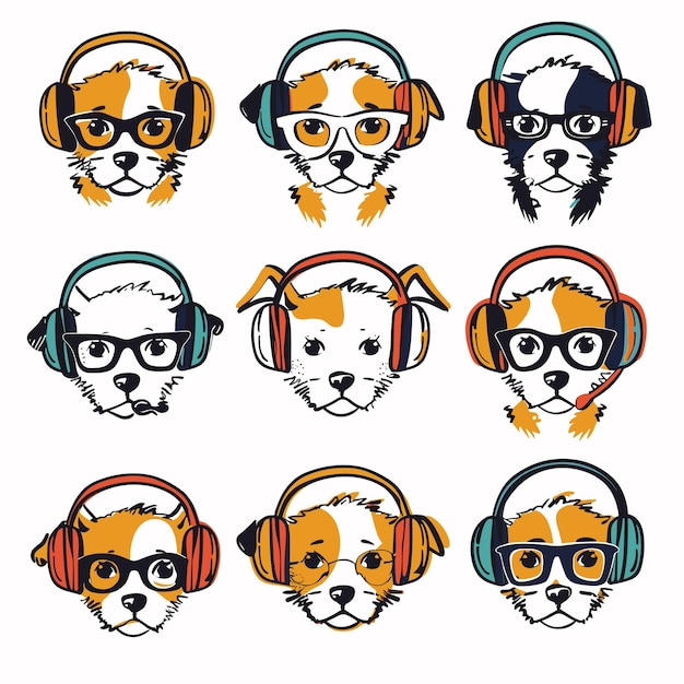 Collection cute dogs wearing headphones glasses Cartoon dog faces eyewear rocking different