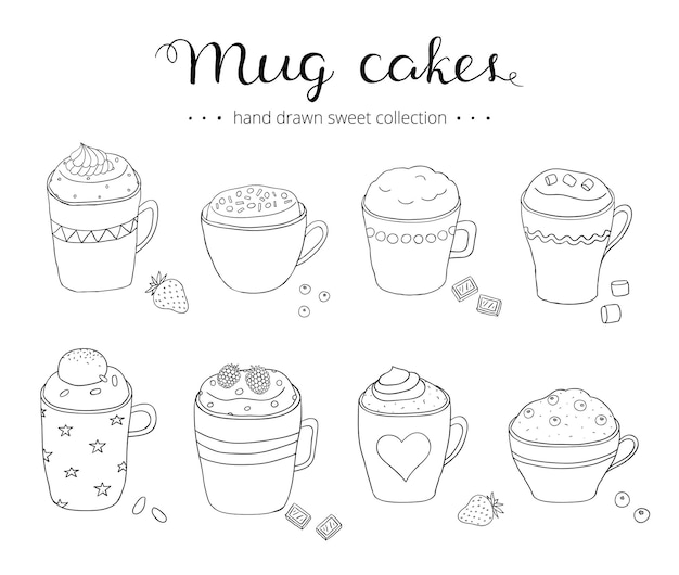 Collection of cute doodle mug cakes