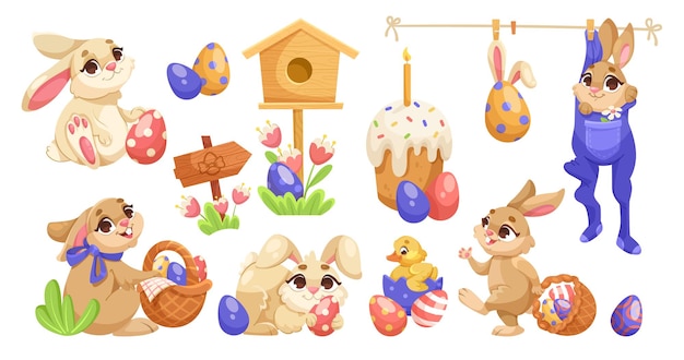 Collection of cute Easter bunnies with colorful eggs birdhouse cake and flowers vector illustration on white background Easter concept Vector illustration