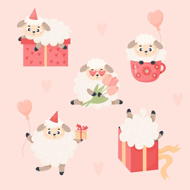 Collection cute festive sheep with gifts balloons and bouquet of tulips