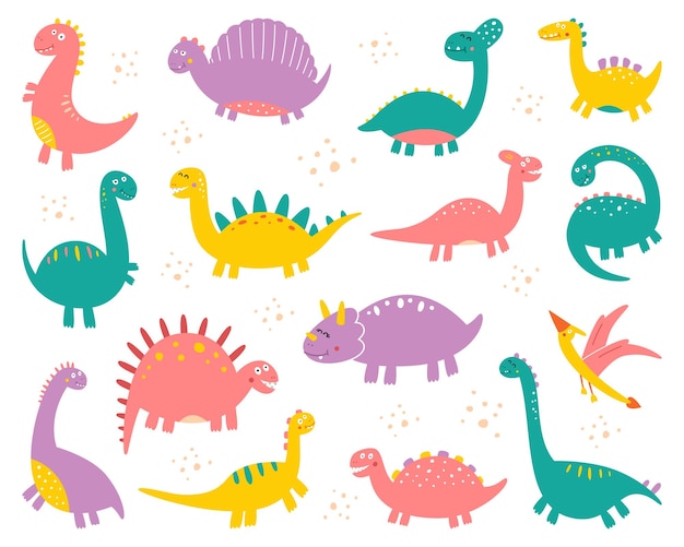 collection of cute flat dinosaurs, including T-rex, Stegosaurus, Velociraptor, Pterodactyl, Brachiosaurus and Triceratop