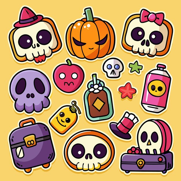 Vector a collection of cute halloweenthemed stickers with skulls pumpkins and other spooky elements