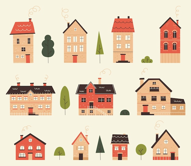 Collection of cute houses in scandinavian style flat hand drawn vector illustration