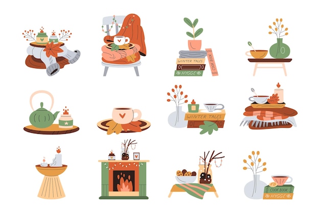 Vector collection of cute hygge illustrations