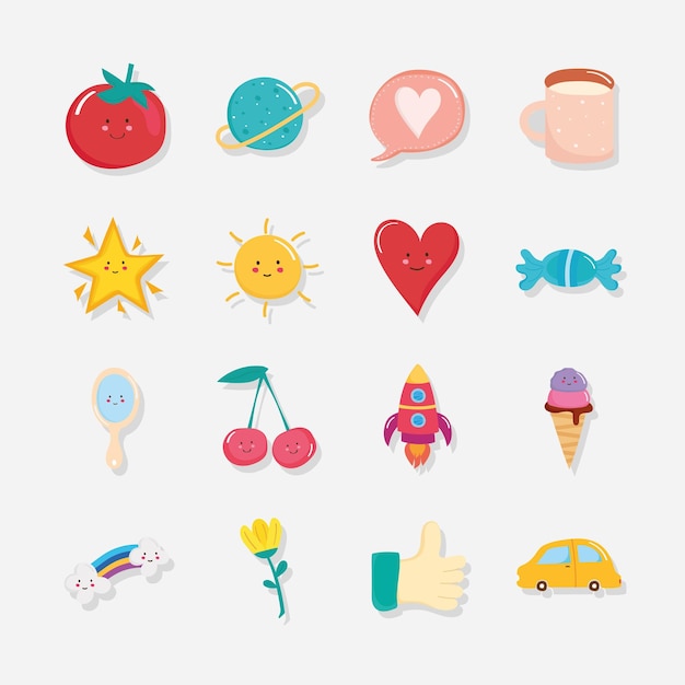 collection cute icons kawaii style