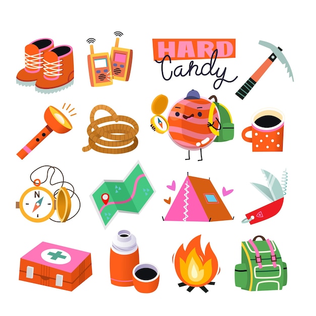 Collection of cute icons and stickers for hiking camping and representing adventure for poster