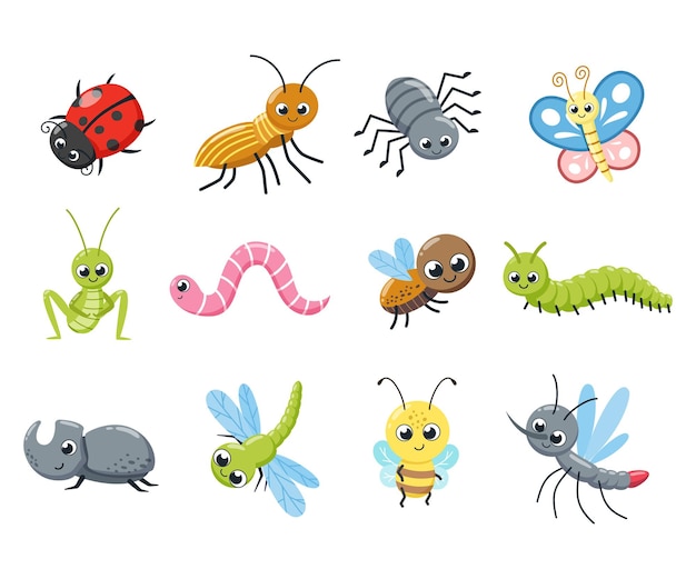 A collection of cute insects. Funny bugs, caterpillar, fly, bee, ladybird, spider, mosquito. Cartoon vector illustration.