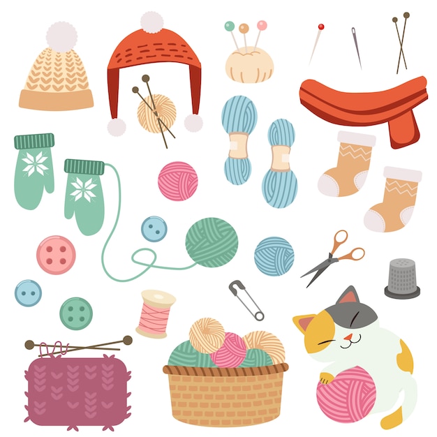 The collection of cute knitting set. have a ball of yarn in the big basket and scarf and winter hat and glove and sock in set. The character of cute cat playing with a yarn in flat vector style.