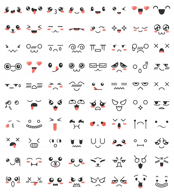 Collection of cute lovely kawaii eyes and mouths. 