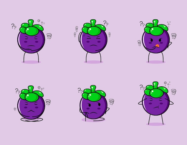 collection of cute mangosteen cartoon character with thinking expressions