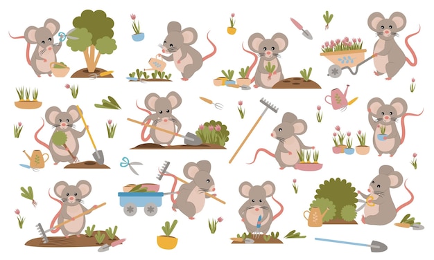 A collection of cute mice in various poses Mice work in the garden