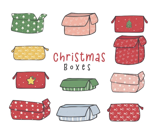 Collection of cute opened Christmas gift boxes doodle hand drawn vector