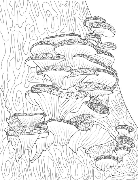 Vector a collection of cute oyster mushrooms fantasy coloring page line art with abstract tree