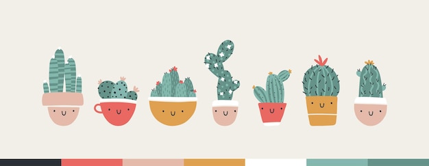 Collection of cute pots with cacti and succulents. Funny faces are smiling. Trendy hand-drawn Scandinavian cartoon doodle style. Minimalistic pastel palette. Ideal for baby textiles, clothing.