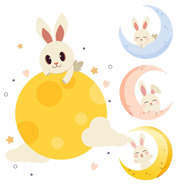 The collection of cute rabbit with the moon set in flat vector style.