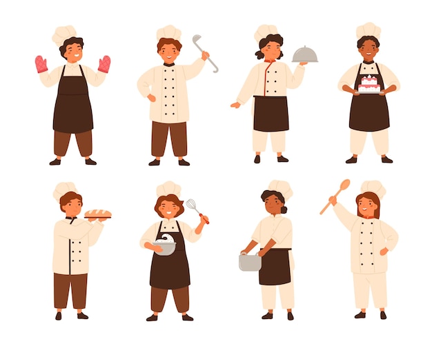 Collection of cute smiling children cooks or kids chefs. Bundle of young kitchen workers cooking and serving meals, boys and girls wearing uniform and toques. Flat cartoon vector illustration.