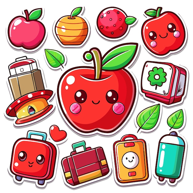 Vector a collection of cute stickers featuring fruits and travel items