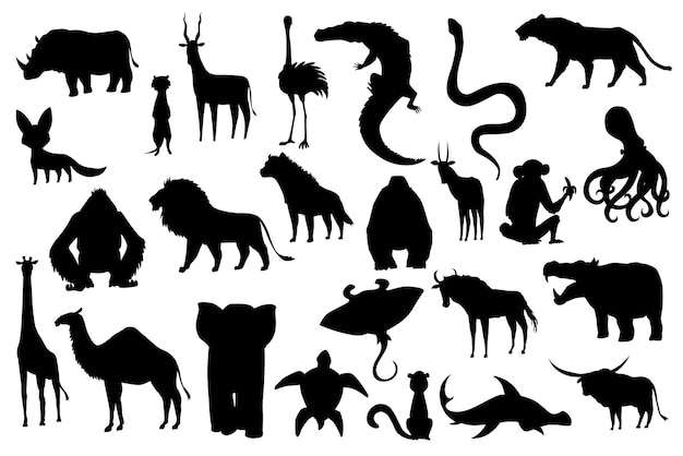 Collection of cute vector animals. Hand drawn silhouette animals which are common in Africa. Icon set isolated on a white background.