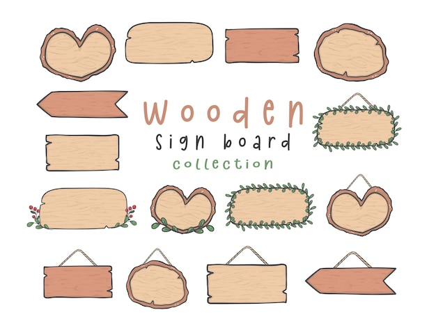 Collection of cute wood sign board doodle hand drawn vector