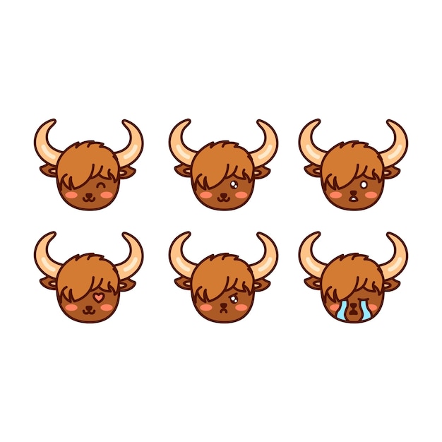 A collection of cute yak emoticons with different expressions Funny yak emoji face Simple cartoon