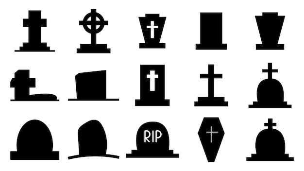 Collection of dark silhouettes of tombstones. Icons of graves, monuments with crosses. Tomb with a cross and gravestones. Death and burial symbol. Vector illustration isolated.