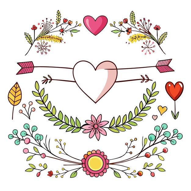 Vector a collection of decorative floral and heart illustrations