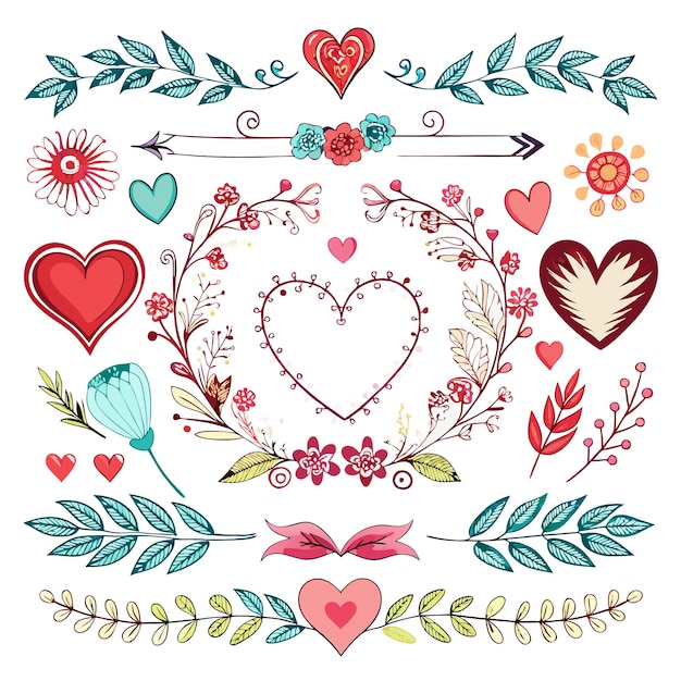 A collection of decorative floral and heart illustrations