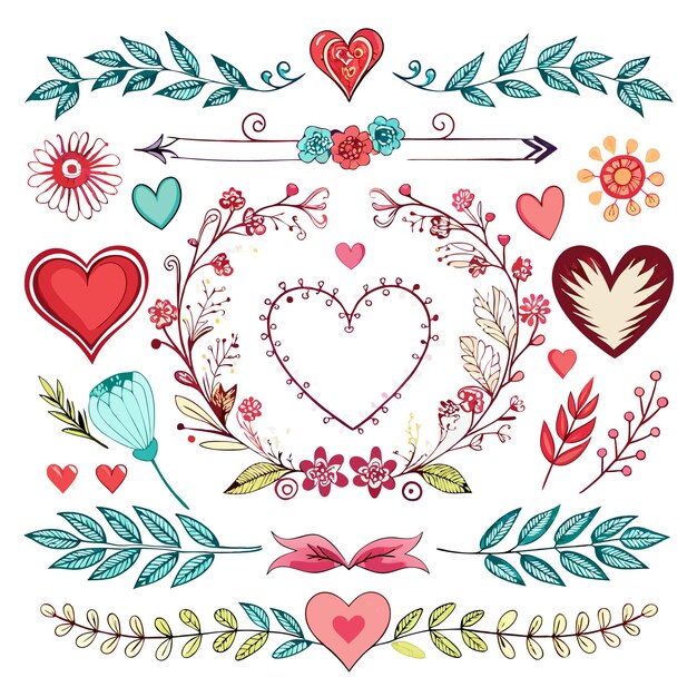 Vector a collection of decorative floral and heart illustrations