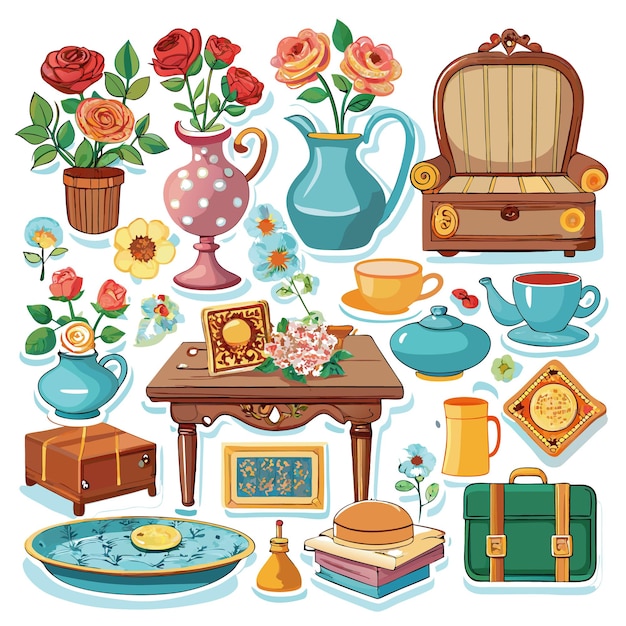 A collection of decorative household items and plants