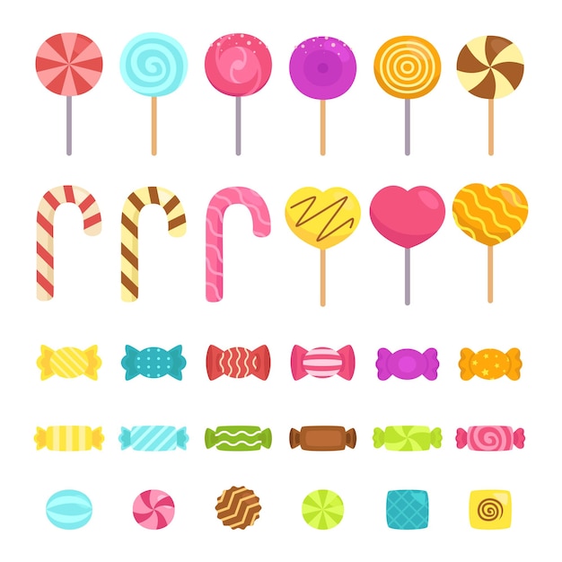 Collection of delicious colorful candies and lollipops in hand drawn illustration style