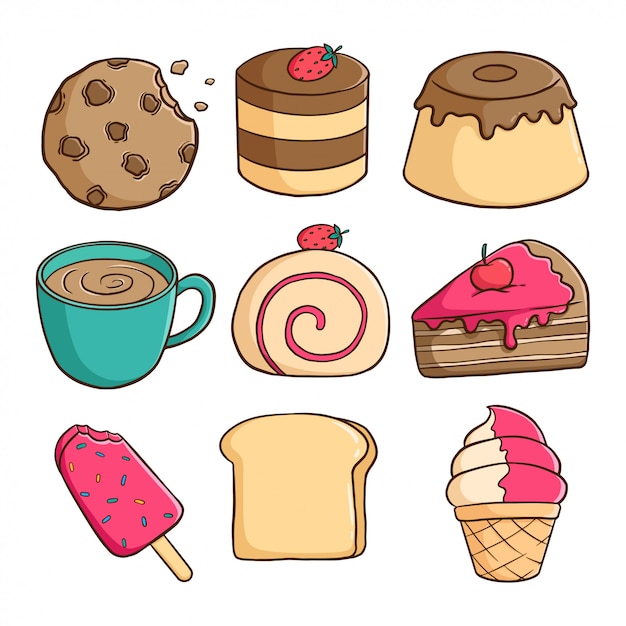 collection of delicious pudding, ice cream, slice cake and cookies with colored doodle style