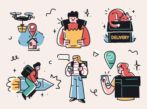 Collection of delivery service fast food food delivery courier service illustrations