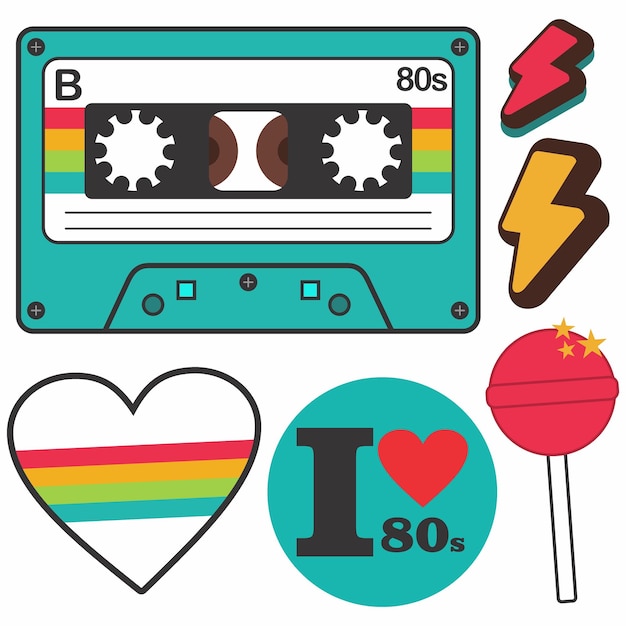 Collection of designs with an 80s vibe featuring a cassette a lollipop and hearts