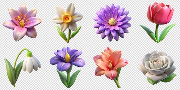 Vector collection of different 3d flowers illustrations including narcissus aster iris gladiolus