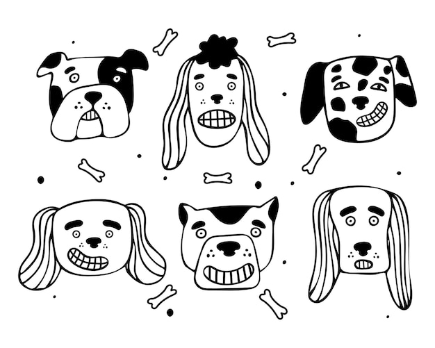 Vector collection of different breeds of dogs in doodle style heads of dogs