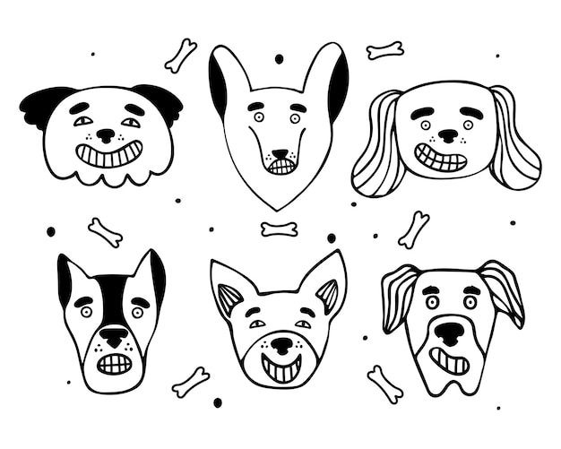 Vector collection of different breeds of dogs in doodle style