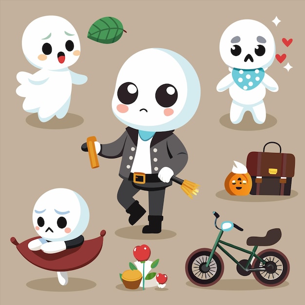 a collection of different characters including a man and a dog