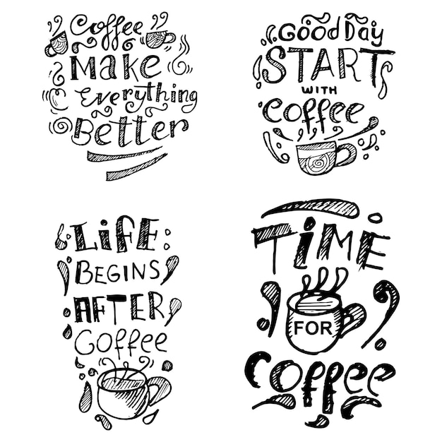 Vector a collection of different coffee related items including coffee and day begins