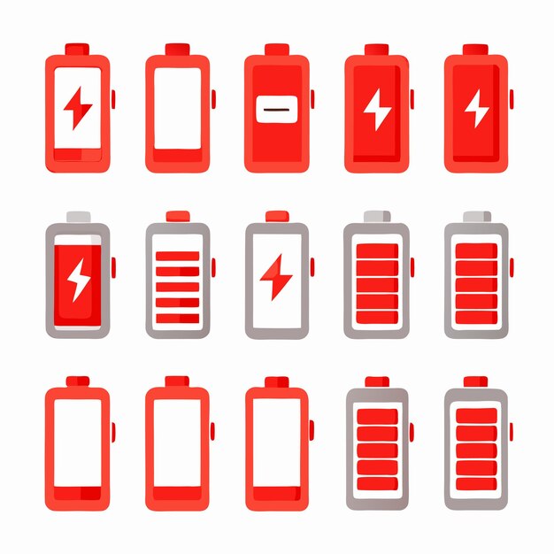 a collection of different colored batteries including one with a red and white background