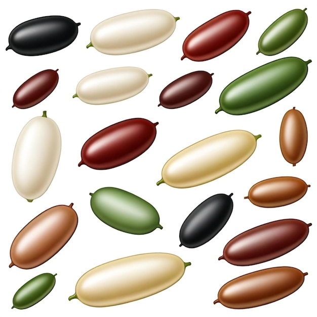 a collection of different colored beans with a white background