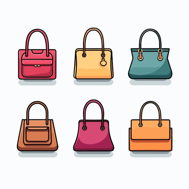 A collection of different colored handbags with a pink handle.