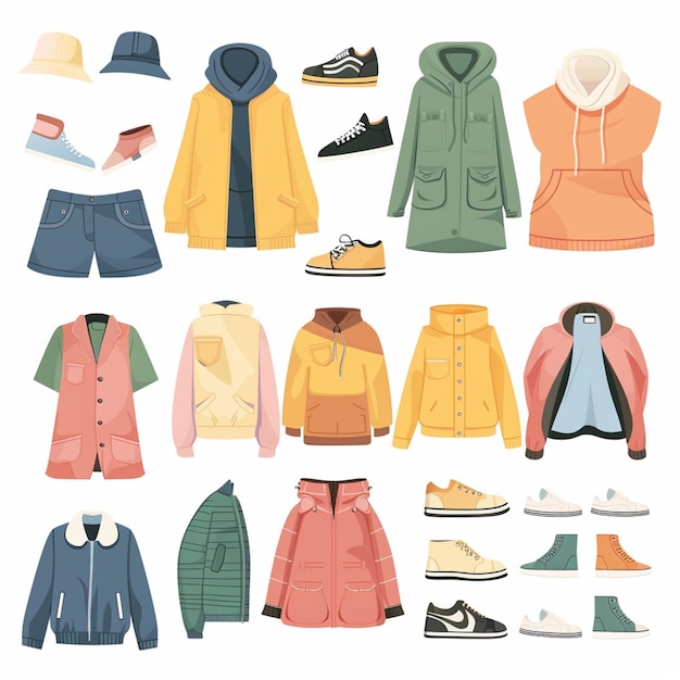 Vector a collection of different colored jackets jackets and sneakers