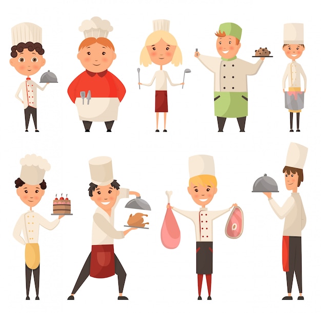 Collection of different Cook Chef. Child in a cook cap holding dish with food. Character child chef profession, waiter and baker, confectioner illustration