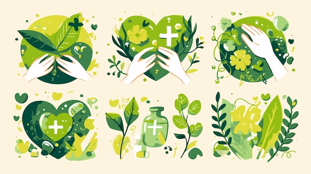 Vector a collection of different designs with hands holding a heart with flowers and plants