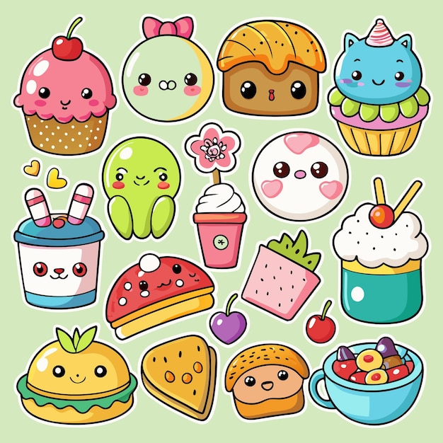 a collection of different desserts including a cartoon character and a cupcake