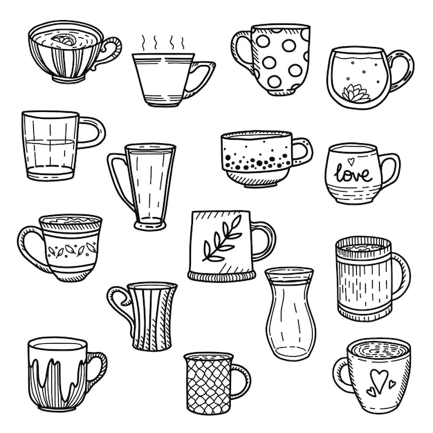 Collection of different doodle cups decorated with design elements Vector set of colored mugs