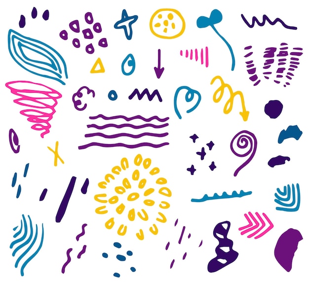 Collection of different doodle elements spirals shapesstrokes dots decor for web design print