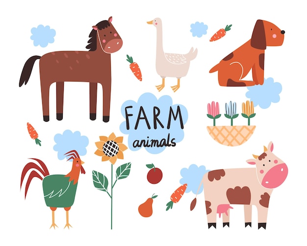 collection of different farm animals in cartoon style horse goose dog rooster cow