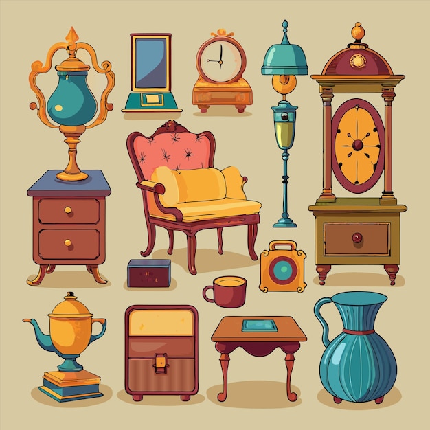 a collection of different furniture including a chair a chair and a clock