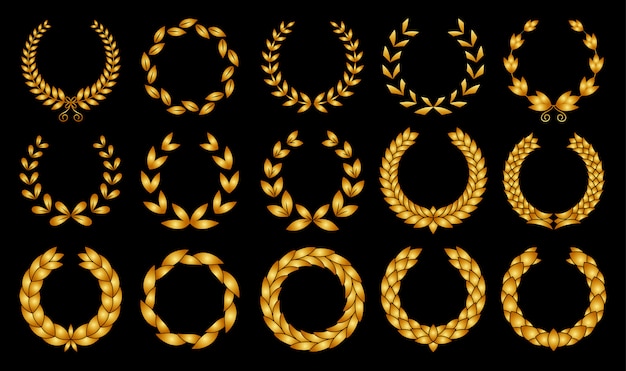 Collection of different golden silhouette circular laurel foliate, wheat and oak wreaths depicting an award